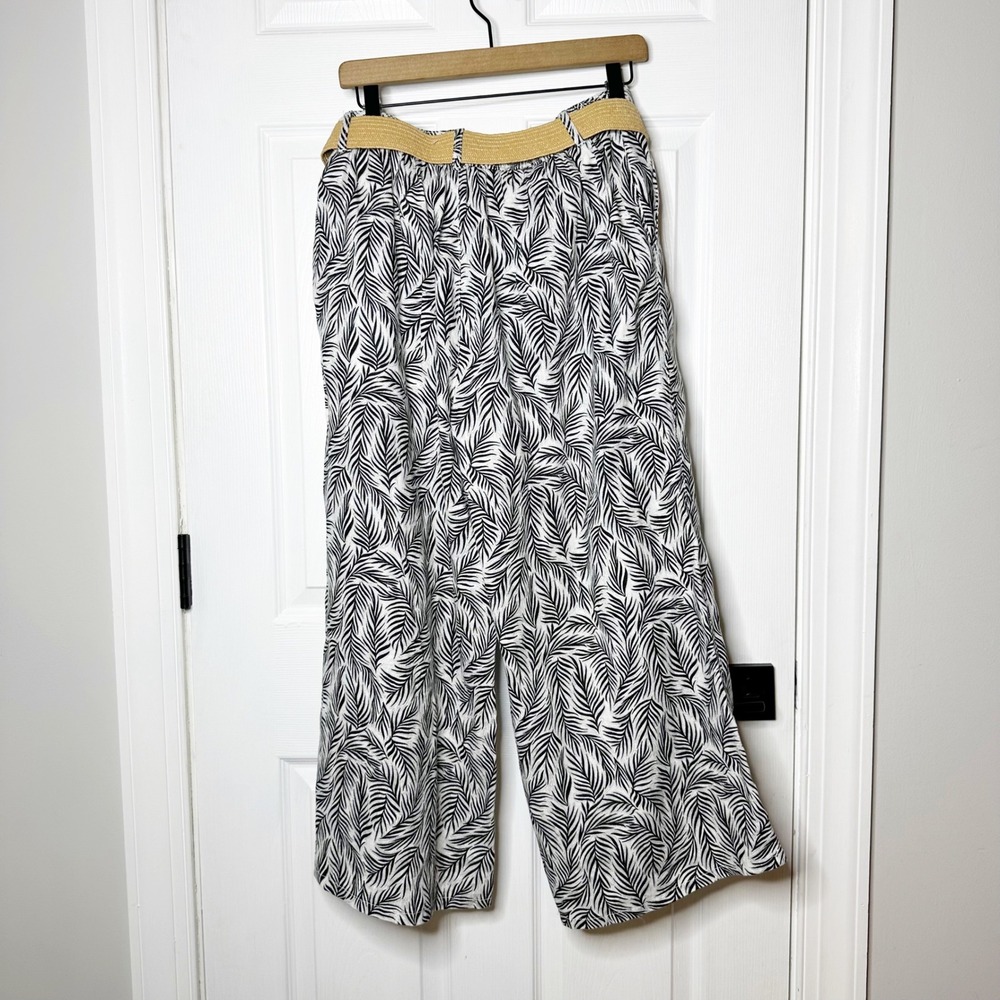 Tahari 100% Linen Wide Leg Palazzo Cropped Pants Straw Belt Size L Resort Wear - Picture 5 of 5